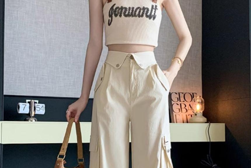 High Waist Plain Wide Leg Cargo Pants Product Image