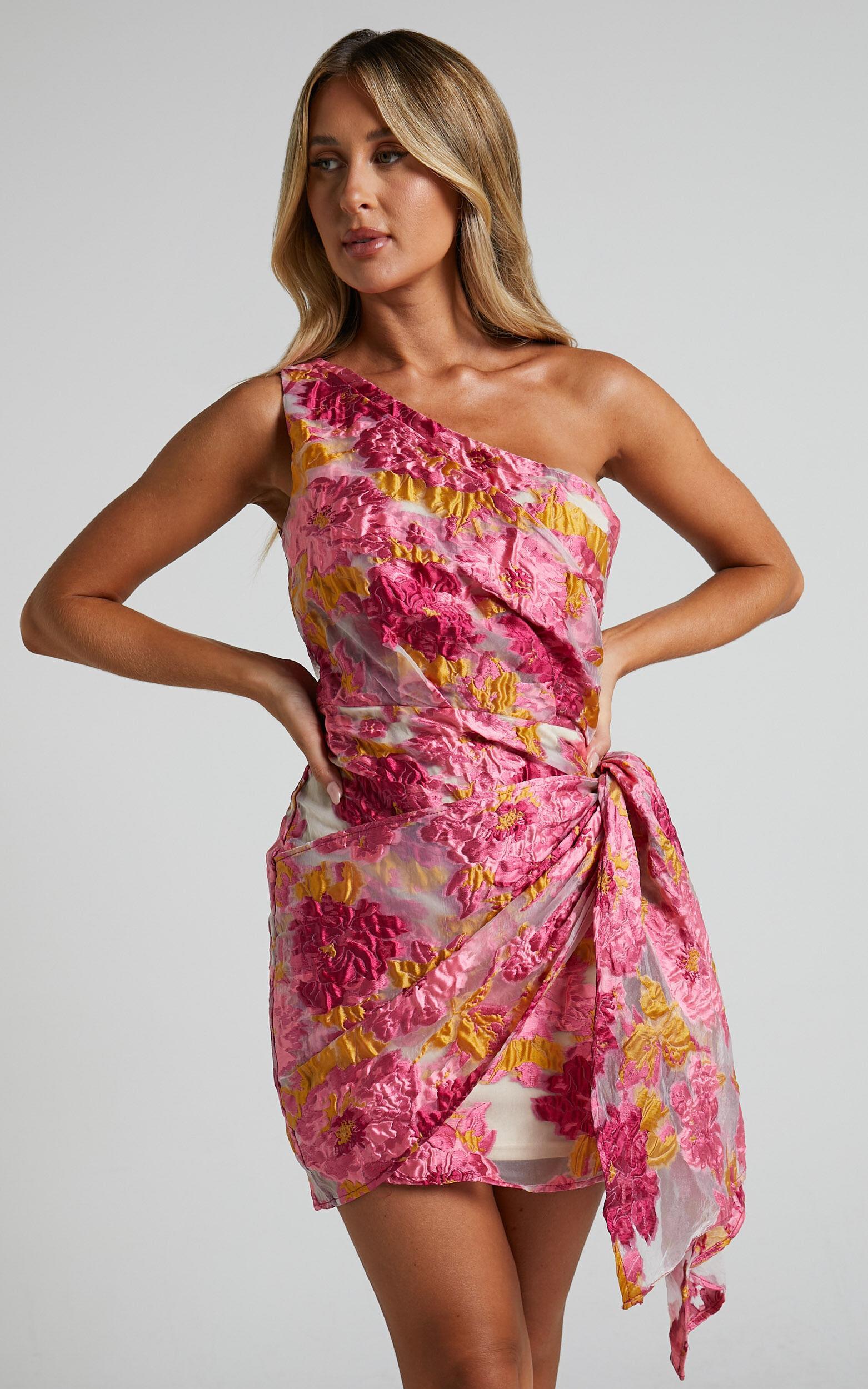 Kailey Mini Dress - One Shoulder Wrap Front Dress in Pink & Beige Jacquard Product Image