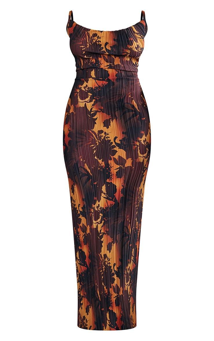 Brown Floral Ombre Plisse Strappy Maxi Dress Product Image