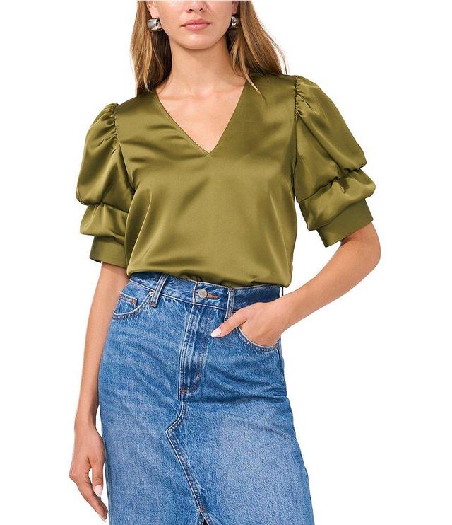 1. STATE V-Neck Short Tiered Bubble Sleeve Satin Top Product Image