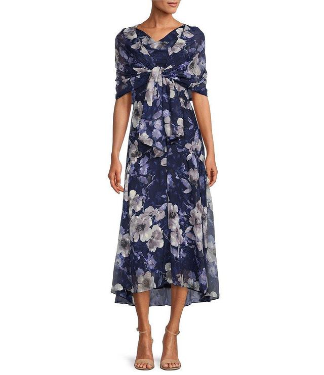 Alex Evenings Cowl Neck Burnout Floral Print Sleeveless Shift Midi Shawl Dress Product Image