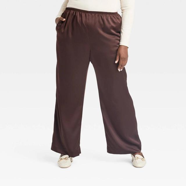 Womens Mid-Rise Satin Pull-On Pants - A New Day Brown 4X Product Image