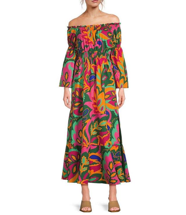 Sugarlips Poplin Tropical Print Off-The-Shoulder Long Bell Sleeve Front Slit Maxi Dress Product Image