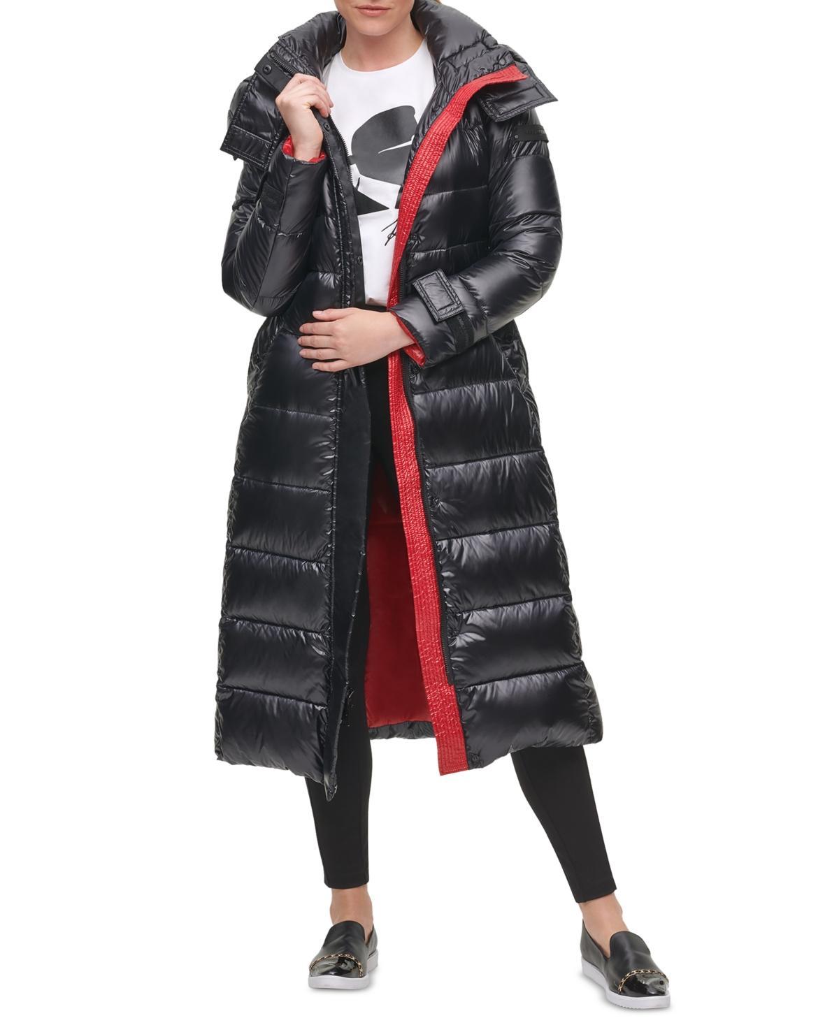 Karl Lagerfeld Womens Shine Hooded Belted Puffer Coat Product Image