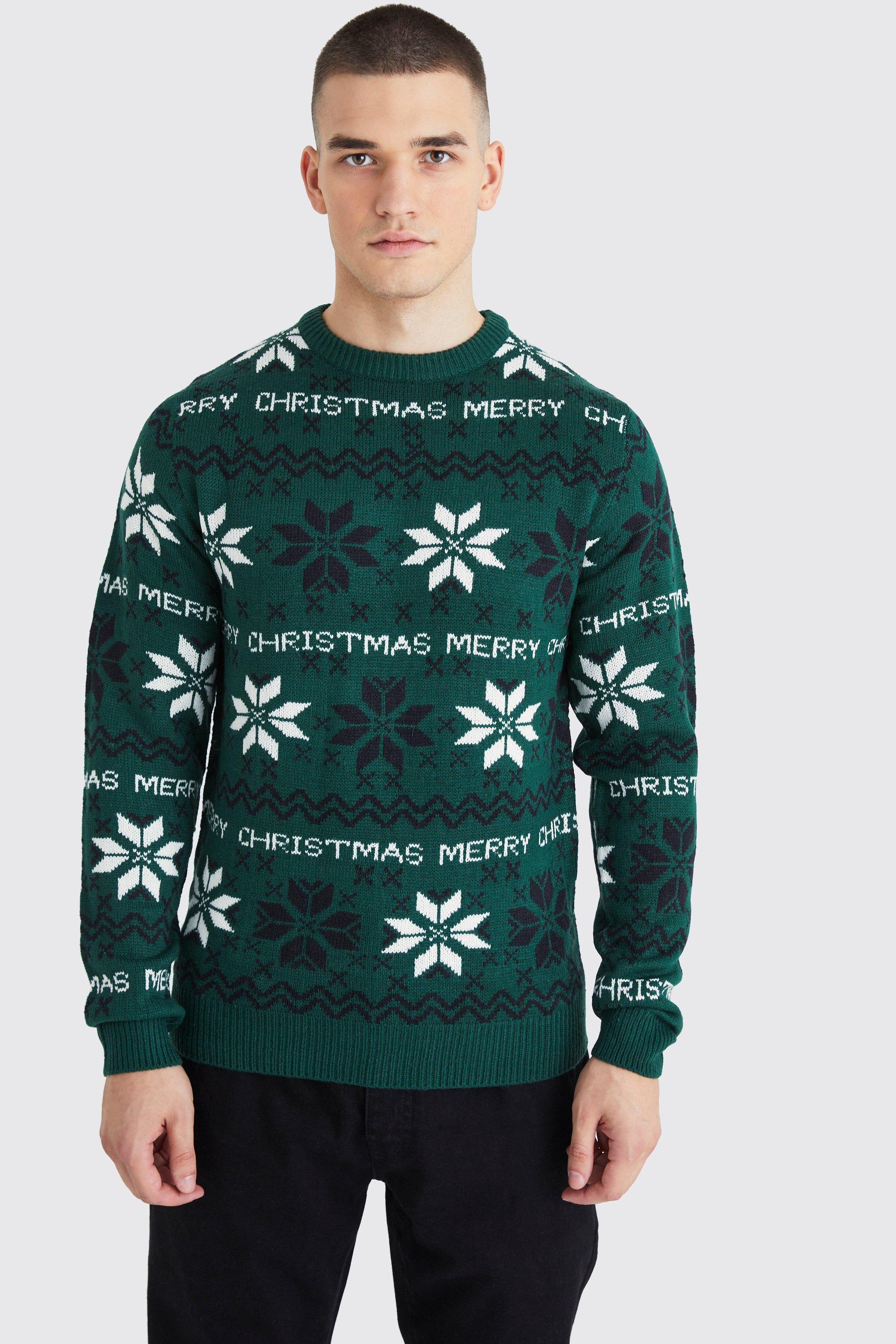 Mens Green Tall Merry Christmas Fairisle Jumper, Green product image