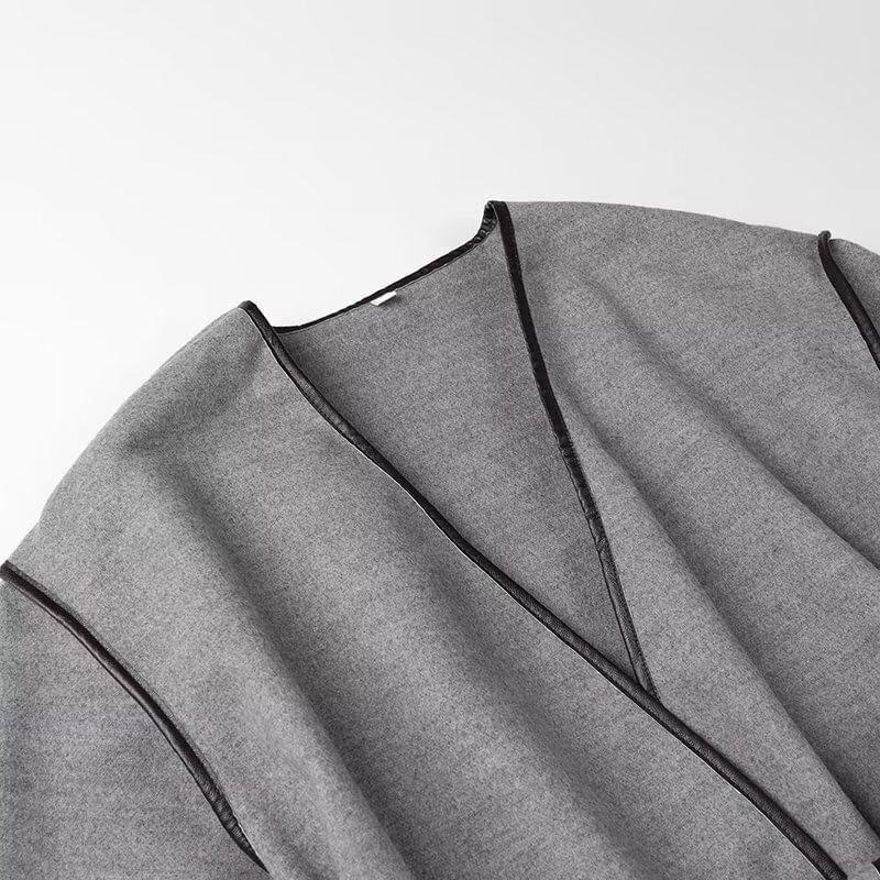 V-Neck Plain Piped Belted Coat Product Image