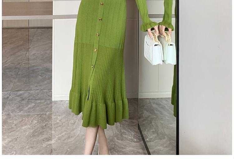 Long Sleeve V-Neck Plain Ribbed Knitted Bodycon Midi Dress Product Image