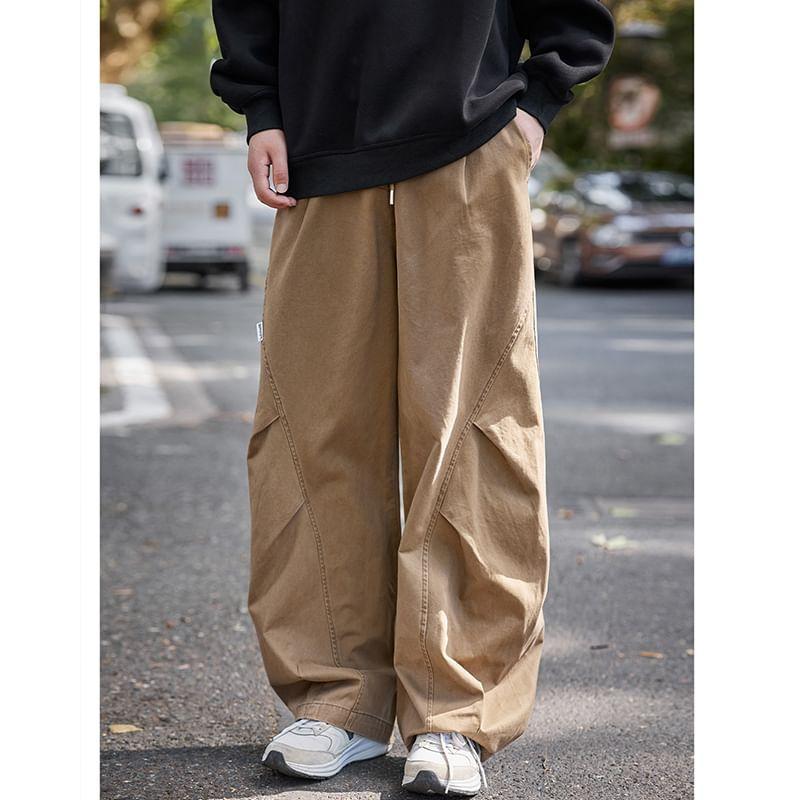 Drawstring Waist Plain Ruched Wide Leg Cargo Pants Product Image