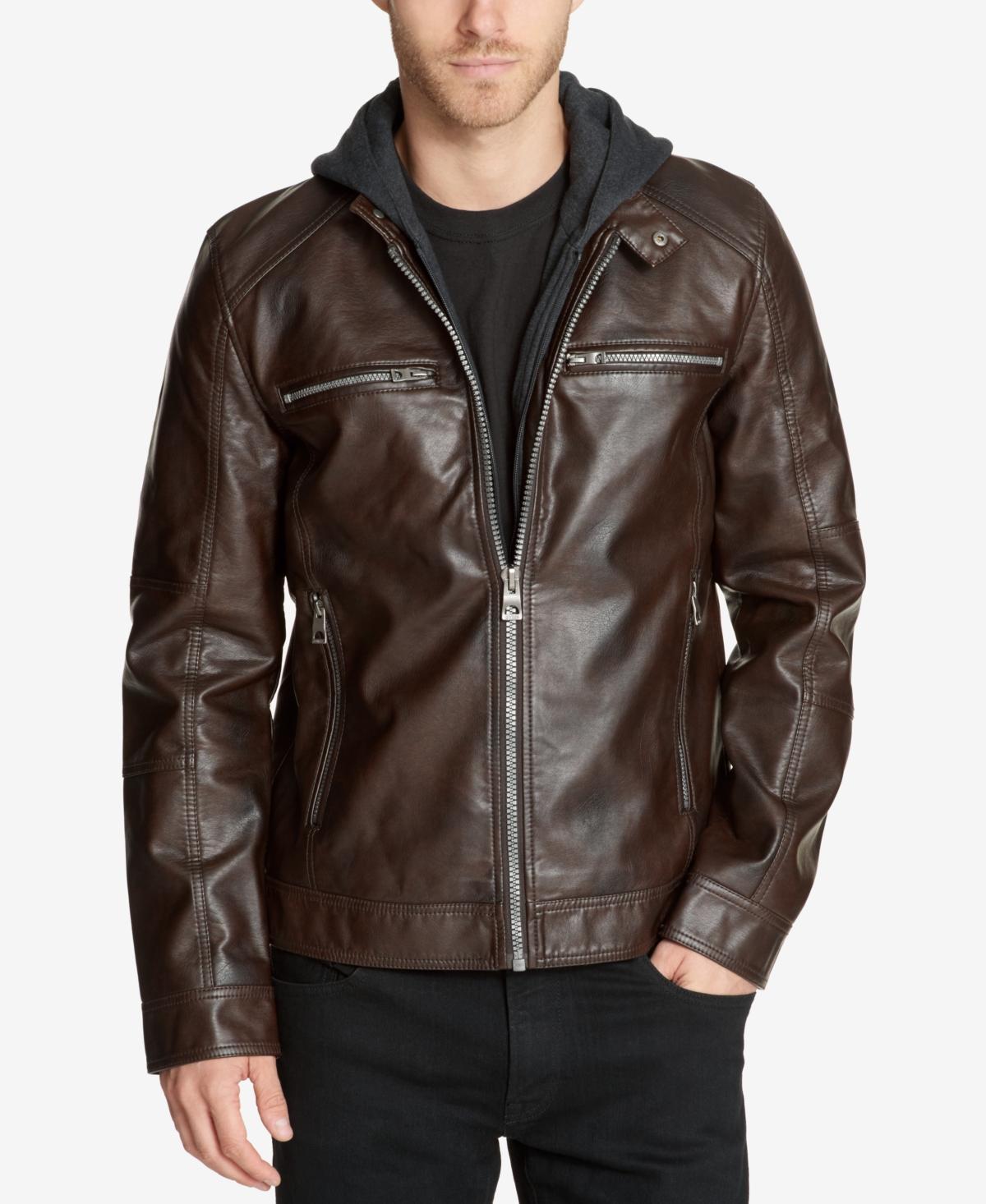 Guess Mens Faux-Leather Detachable-Hood Motorcycle Jacket Product Image