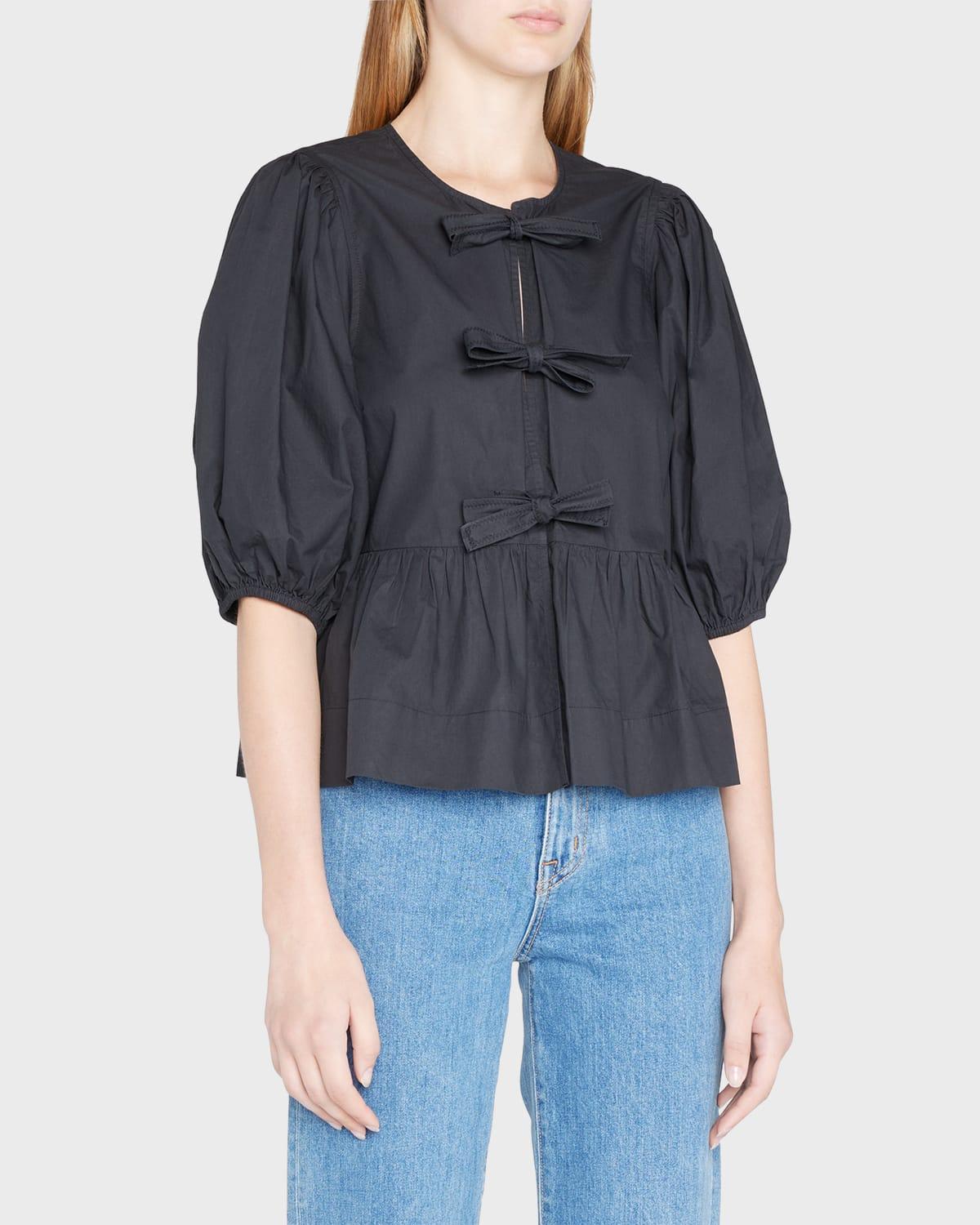 Poplin Front-Tie Peplum Blouse with Puffed-Sleeves Product Image