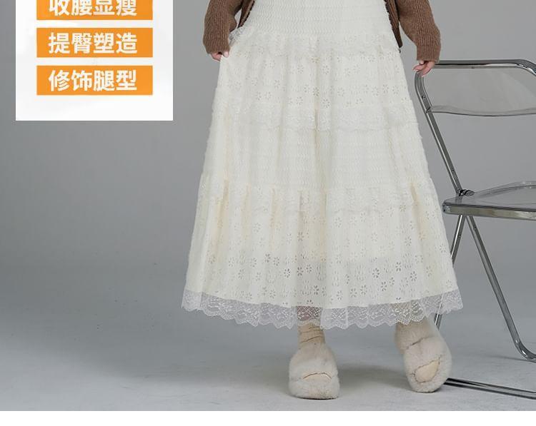 High Waist Plain Lace Midi A-Line Skirt Product Image