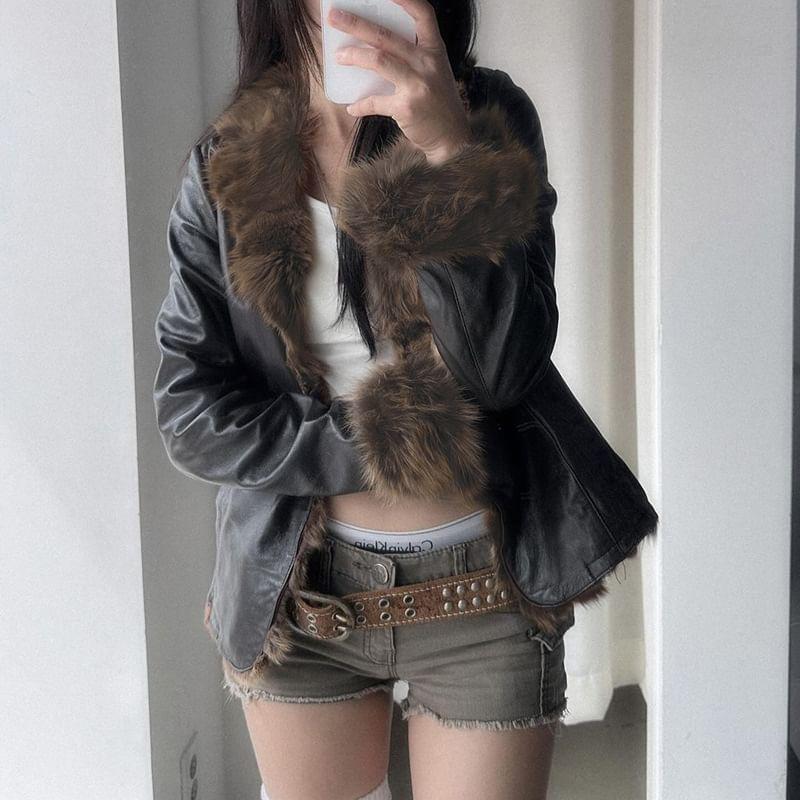 Long Sleeve Faux Fur Trim Faux Leather Jacket Product Image