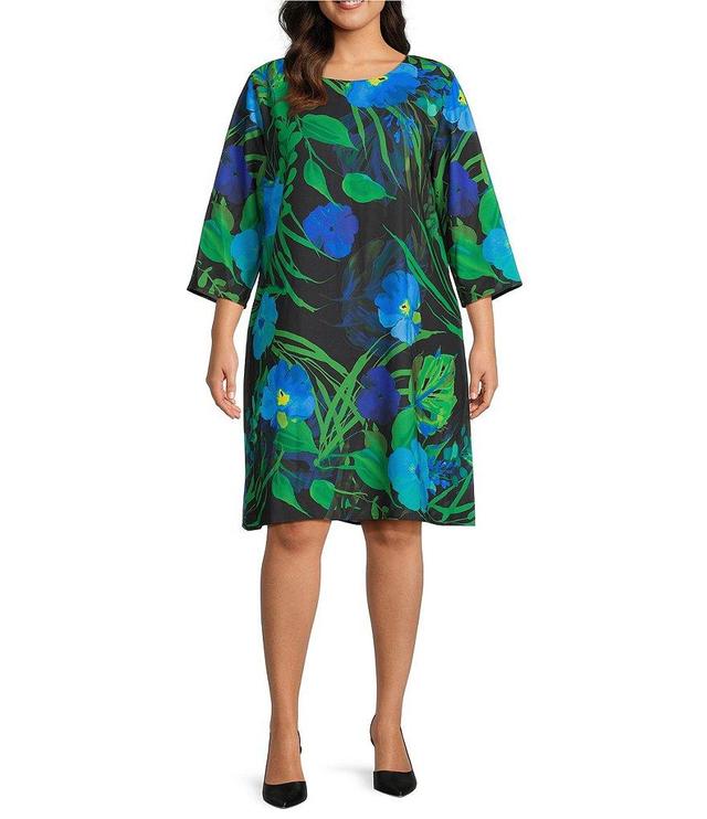 Caroline Rose Plus Size Crepe Woven Garden Walk Party Floral Print Scoop Neck 3/4 Bell Sleeve Dress Product Image