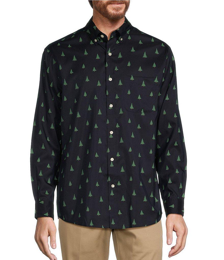 Roundtree & Yorke Big & Tall TravelSmart Easy Care Long Sleeve Christmas Holiday Tree Print Sport Shirt Product Image