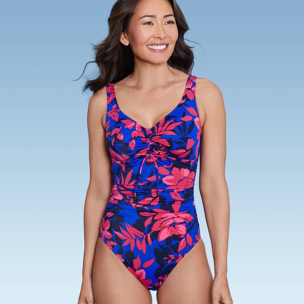 Womens UPF 50 Cinch-Front One Piece Swimsuit - Aqua Multi Floral Print M Product Image