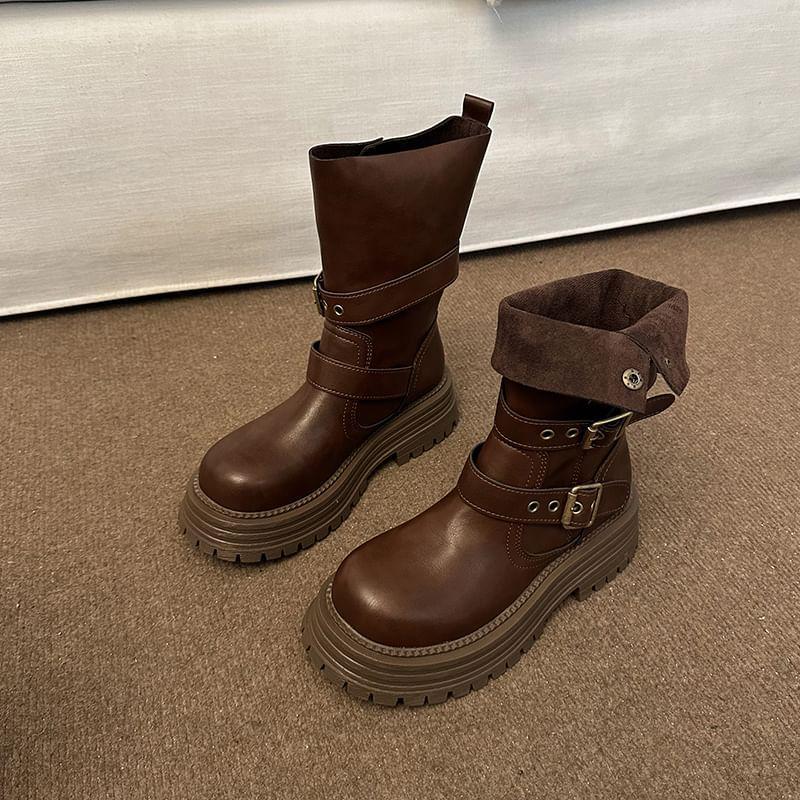 Platform Buckled Mid Calf Boots Product Image