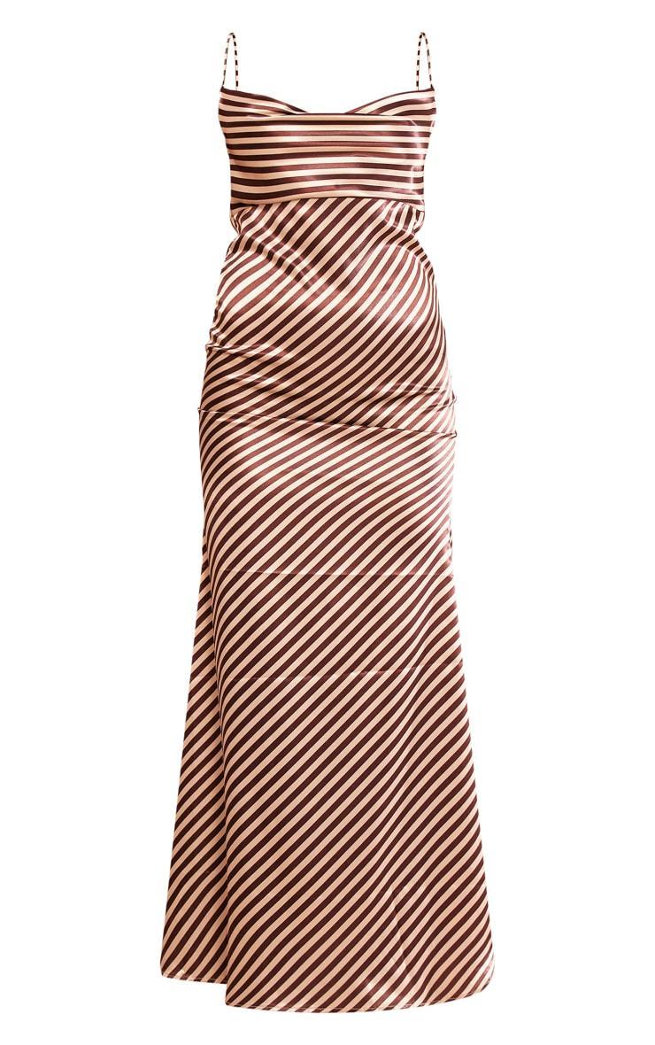 Brown Striped Satin Cowl Neck Maxi Dress Product Image