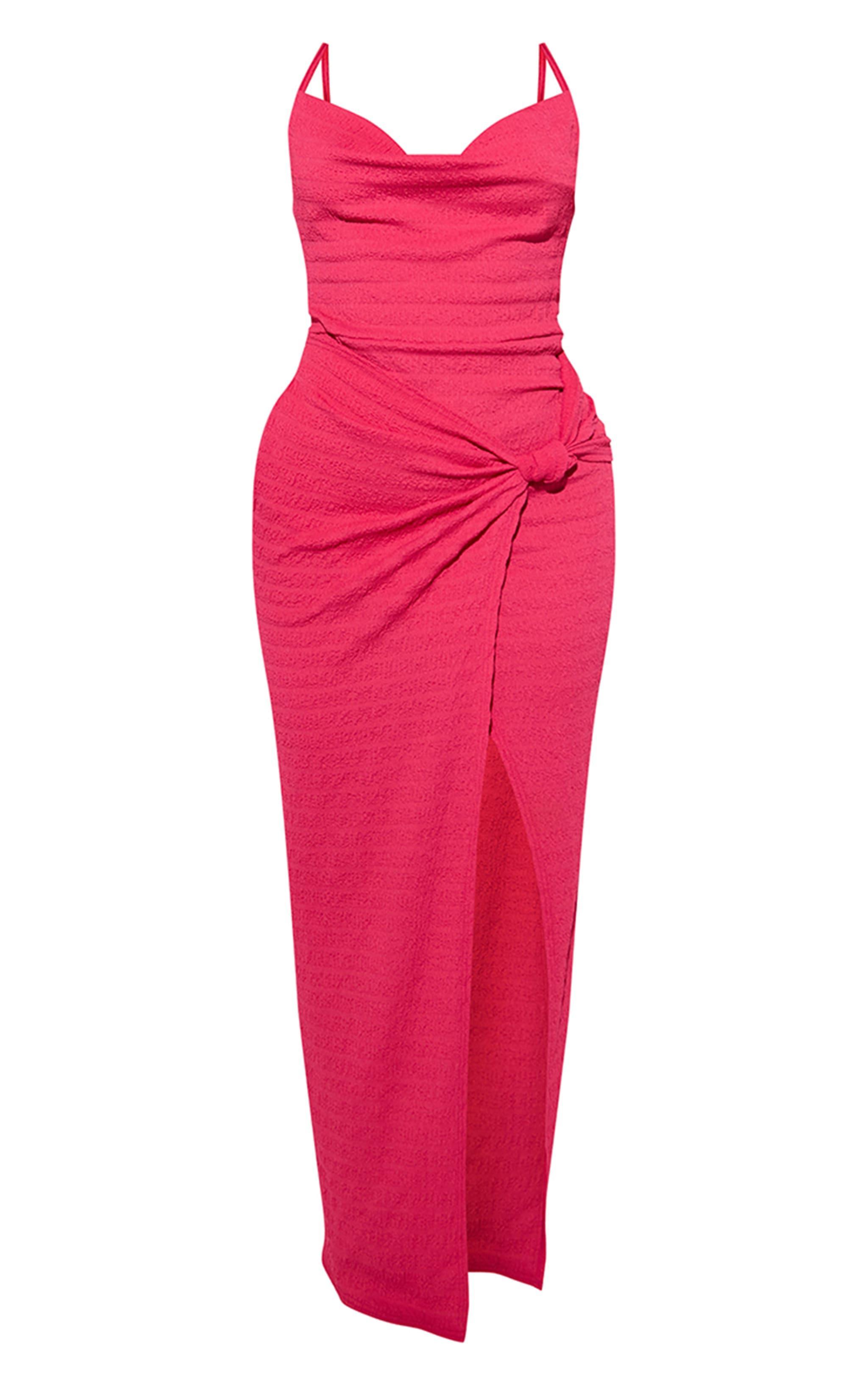 Bright Pink Textured Cowl Knot Detail Maxi Dress Product Image