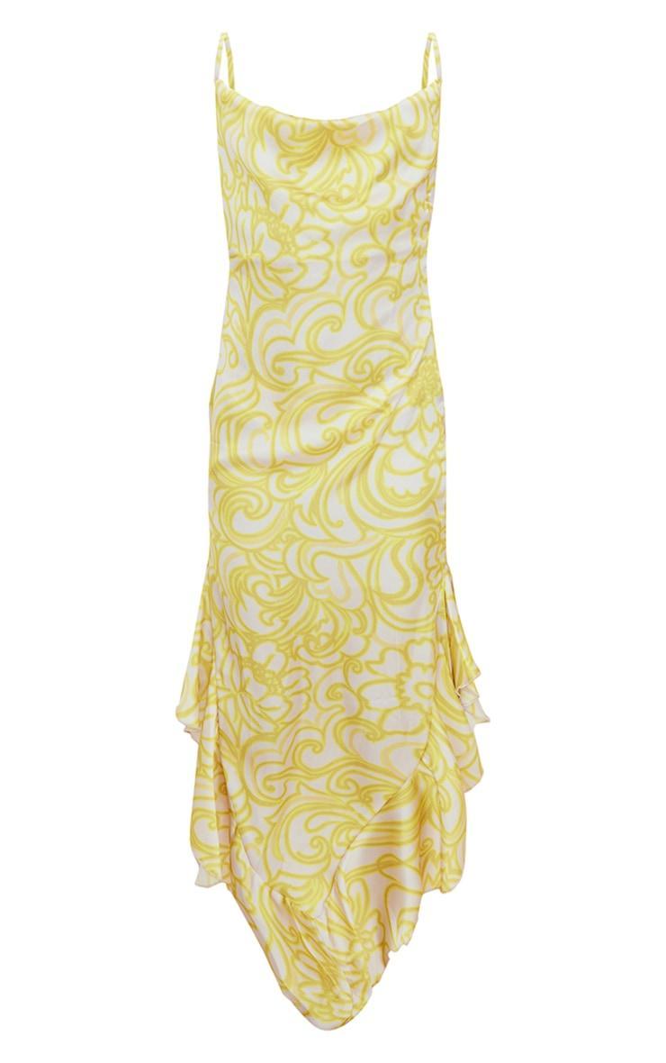 Lemon Floral Print Frill Satin Cowl Maxi Dress Product Image