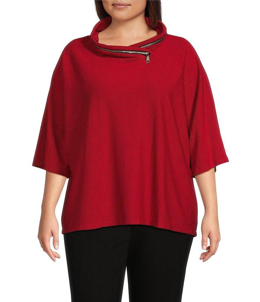 Multiples Plus Size Faux-Zipper Trim Mock Neck 3/4 Dolman Sleeve Hi-Low Hem Sweater Knit Top product image