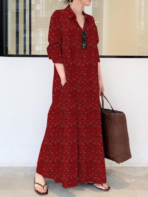 Vintage Printed Lapel Long Sleeve Shirt Maxi Dress Product Image