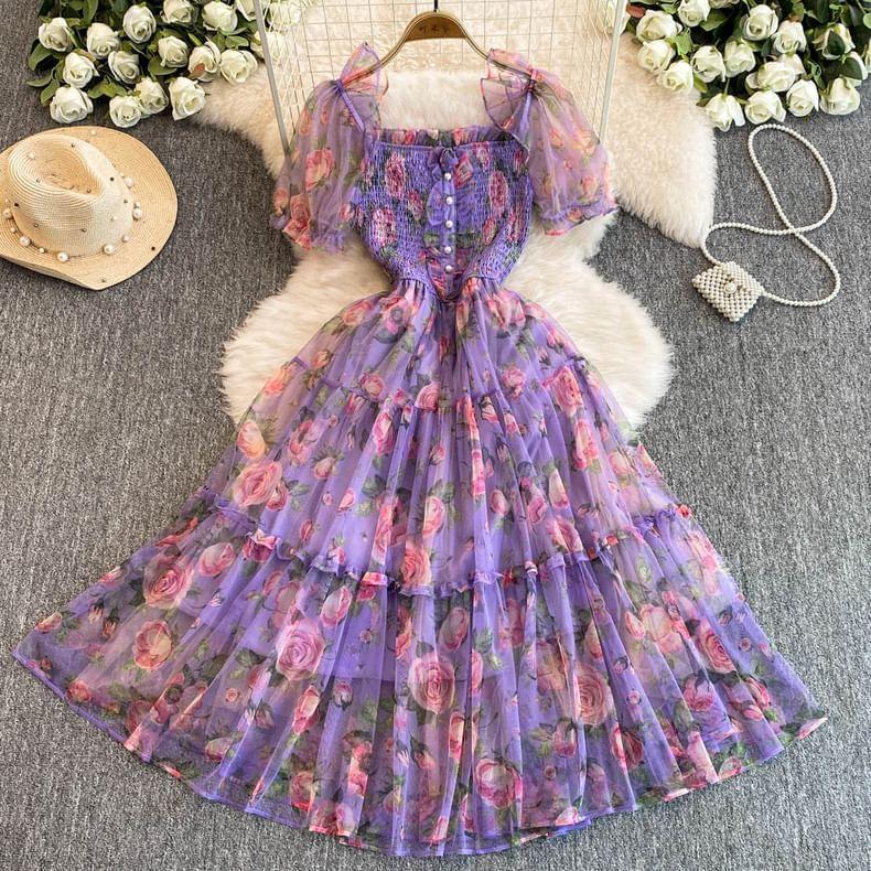 Puff-Sleeve Floral Ruffle Midi A-Line Dress Product Image