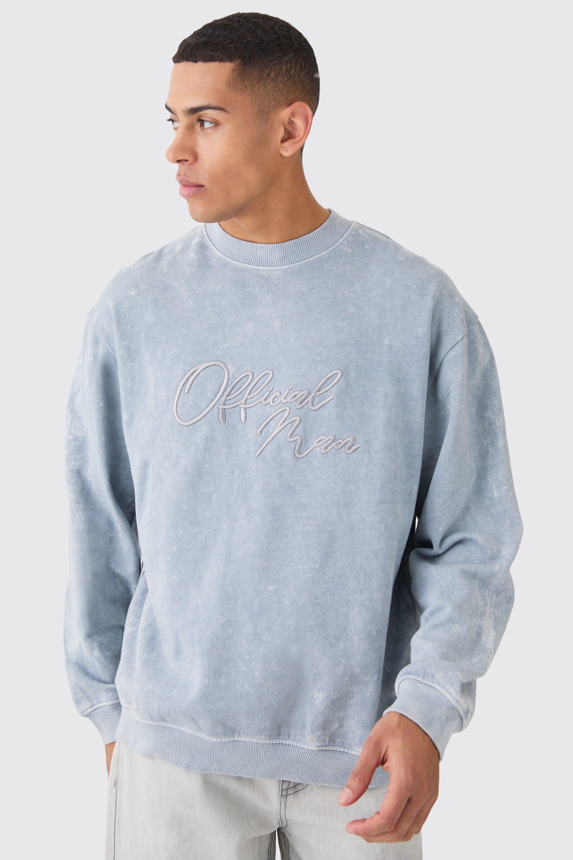 Mens Grey Oversized Extended Neck Acid Wash Embroidered Man Sweatshirt, Grey Product Image