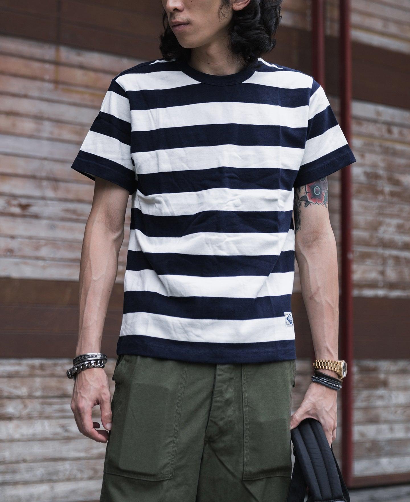 Heavyweight Cotton Wide Striped T-Shirt - Blue/White Product Image