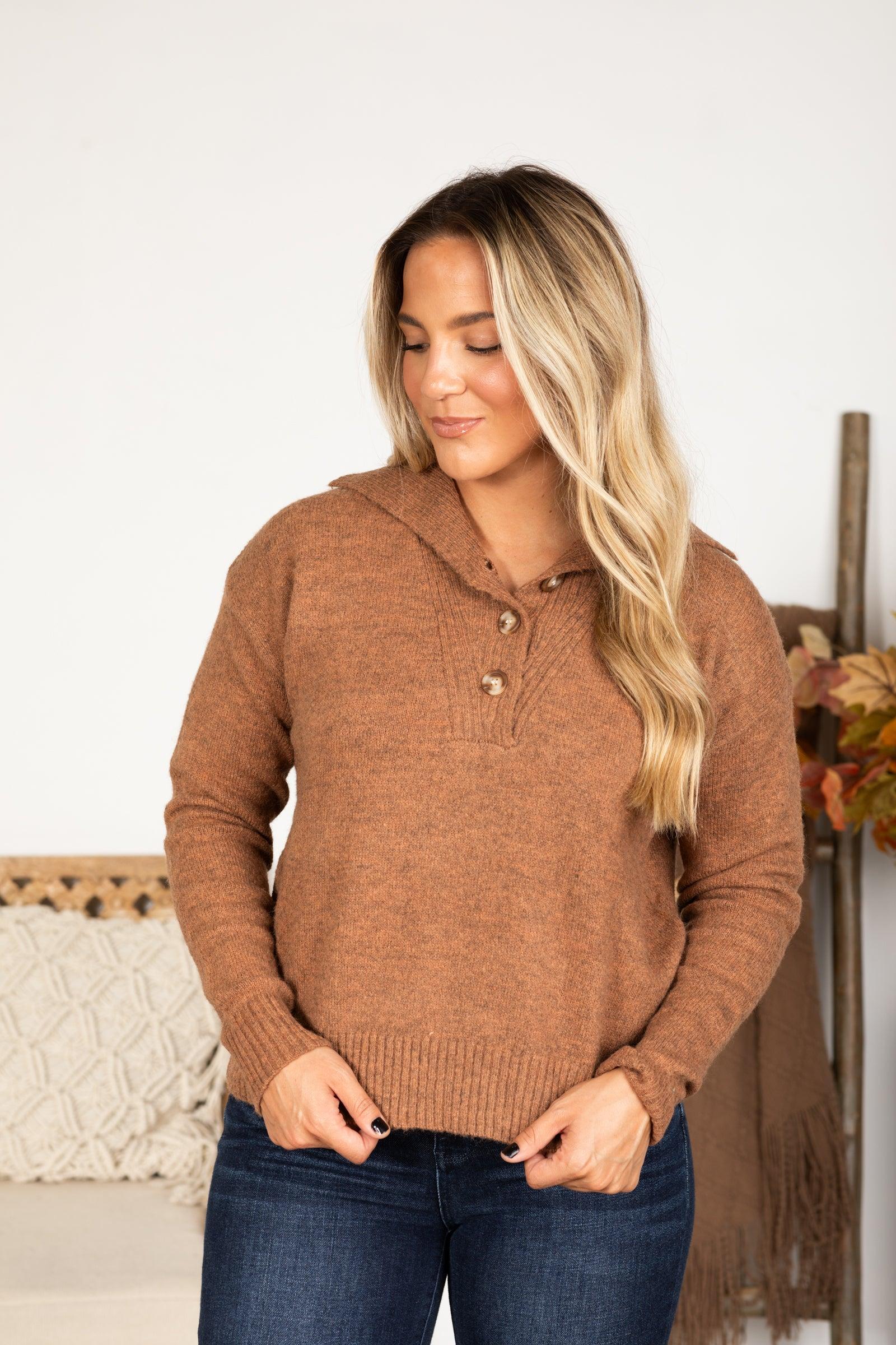 Copper Wide Collar Quarter Button Sweater Product Image