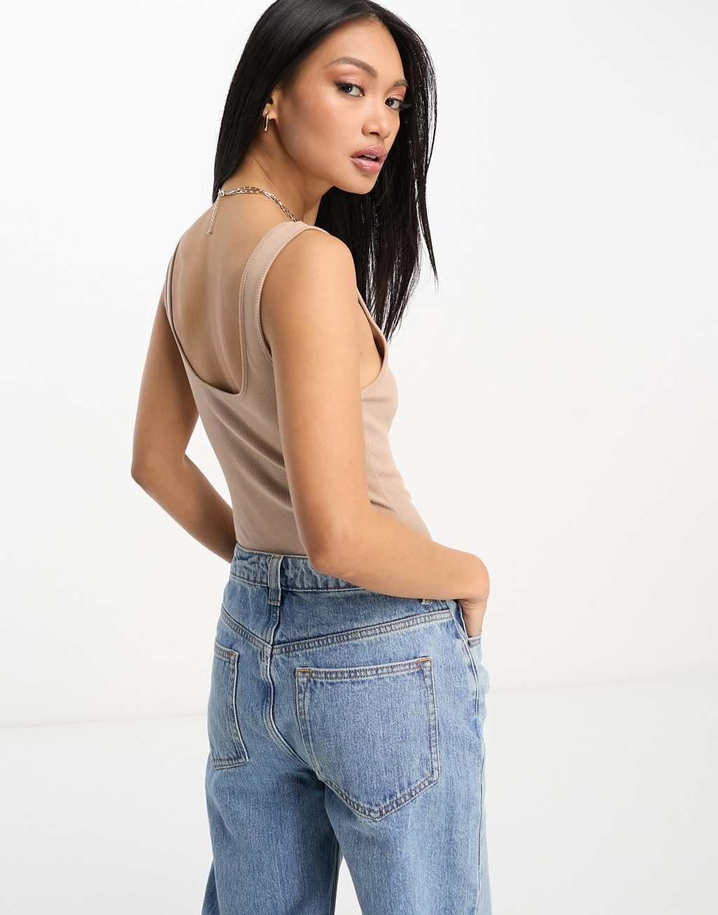 ASOS DESIGN scoop neck ribbed bodysuit in natural Product Image