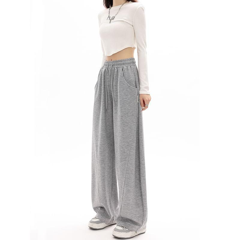 Mid-Waist Drawstring Pocketed Wide-Leg Plain Sweatpants Product Image