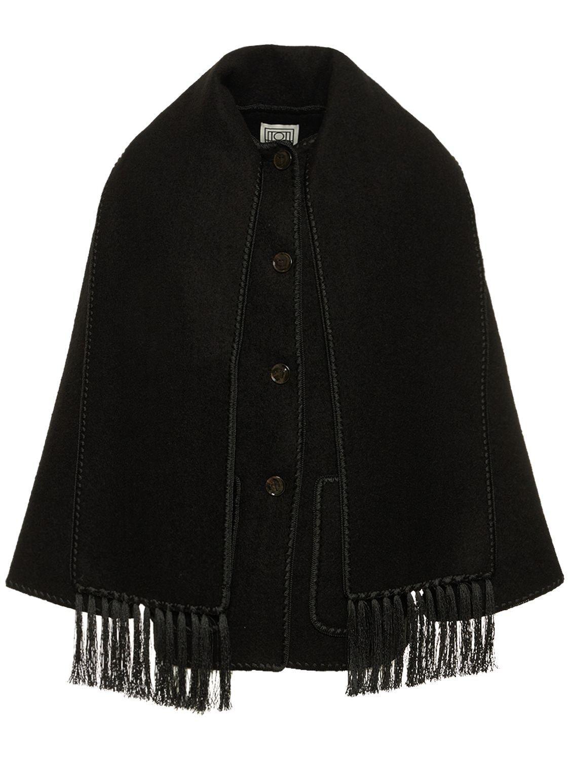 Embroidered Fringe-trim Scarf Wool Jacket In Black Product Image