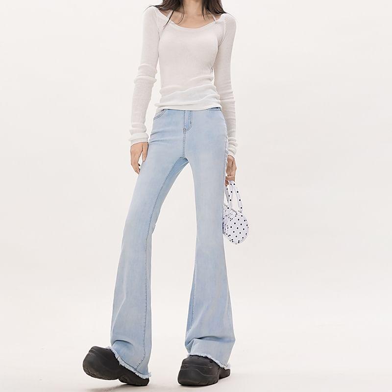 Low Waist Washed Frayed Flared Jeans (Various Designs) Product Image