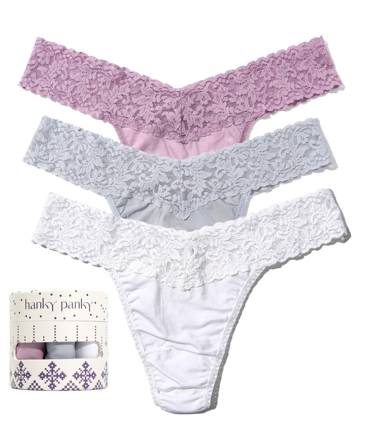 Hanky Panky Supima(r) Cotton Original Rise Thong 3 Pack (Water Lily/Dove Grey/White) Women's Underwear Product Image