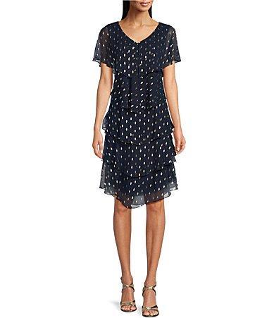 Ignite Evenings Chiffon Metallic Polka Dot Print V-Neck Short Sleeve Tiered Caplet Dress Product Image