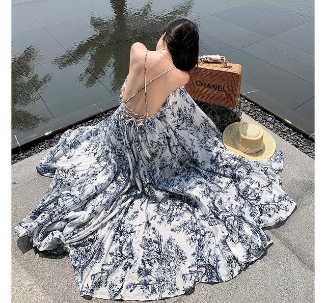 Spaghetti Strap Floral Print Backless Maxi A-Line Wrap Dress Product Image