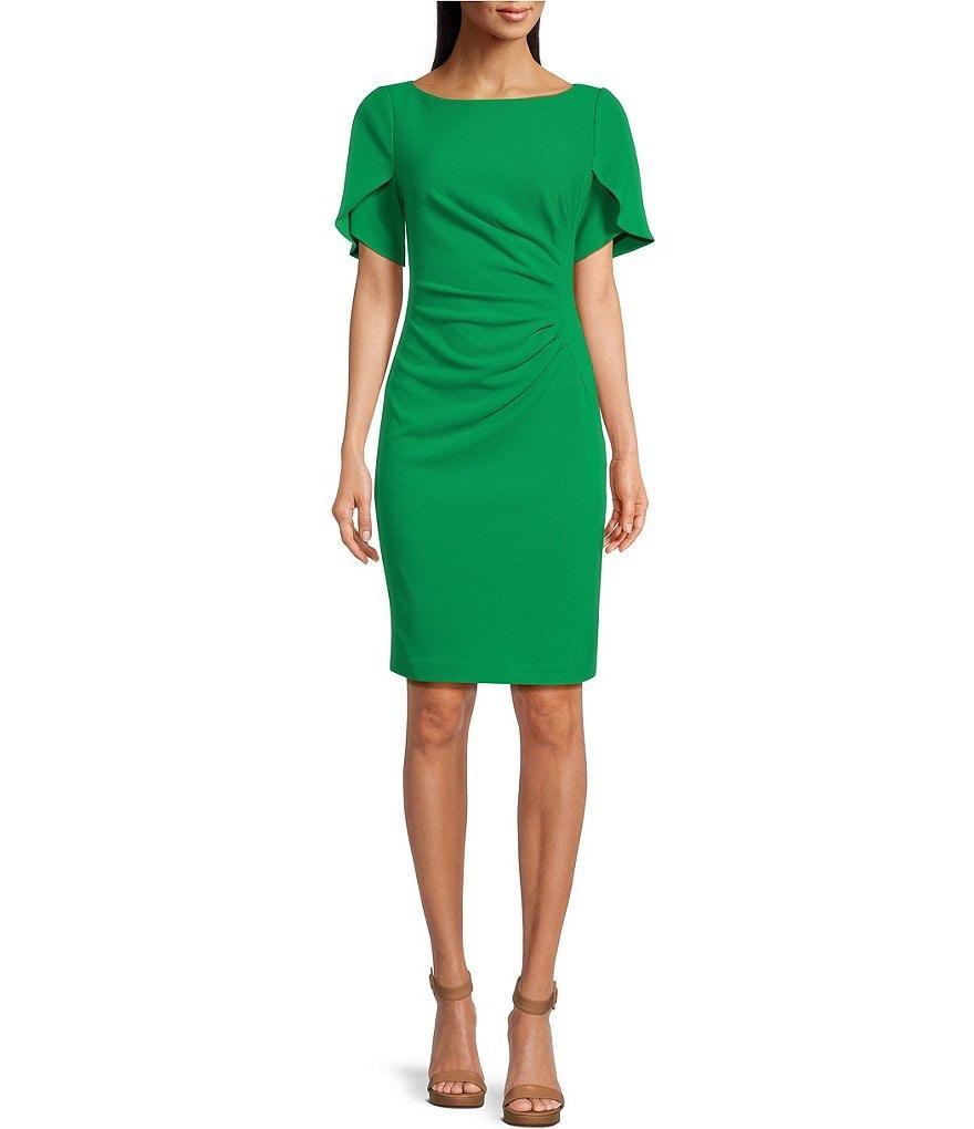 DKNY Stretch Boat Neck Short Tulip Sleeve Ruched Bodice Sheath Dress Product Image