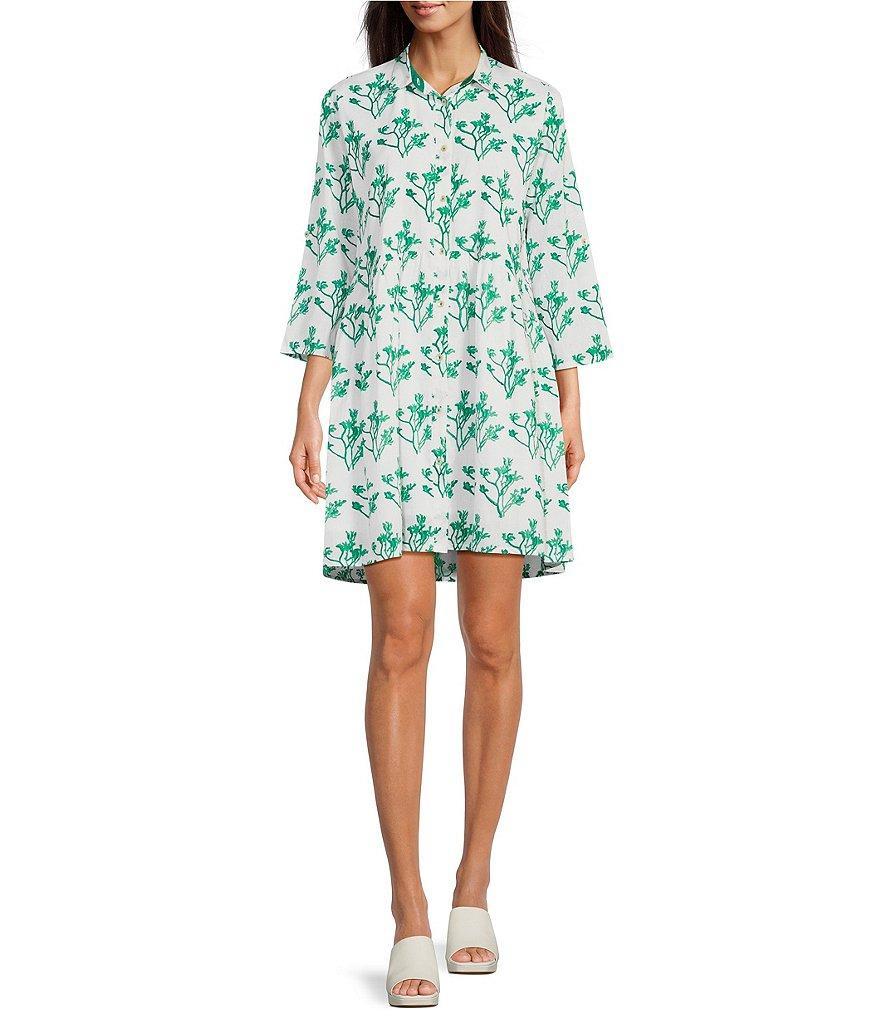 Ro's Garden Deauville Floral Point Collar 3/4 Sleeve Button Front Shirt Dress product image