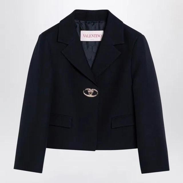 Women's Single-breasted Navy Wool Crop Jacket In Blue Product Image