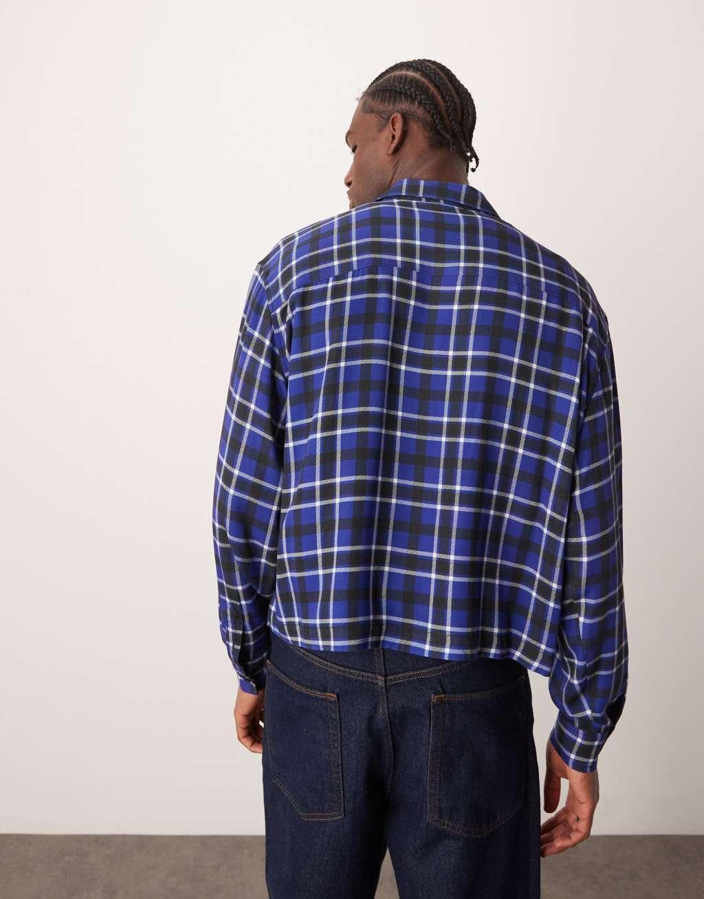 ASOS DESIGN oversized cropped shirt in blue check Product Image