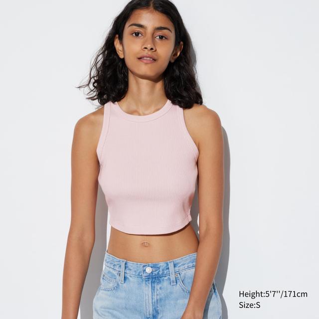 Womens Ribbed Cropped Tank Top Pink Medium UNIQLO US Product Image