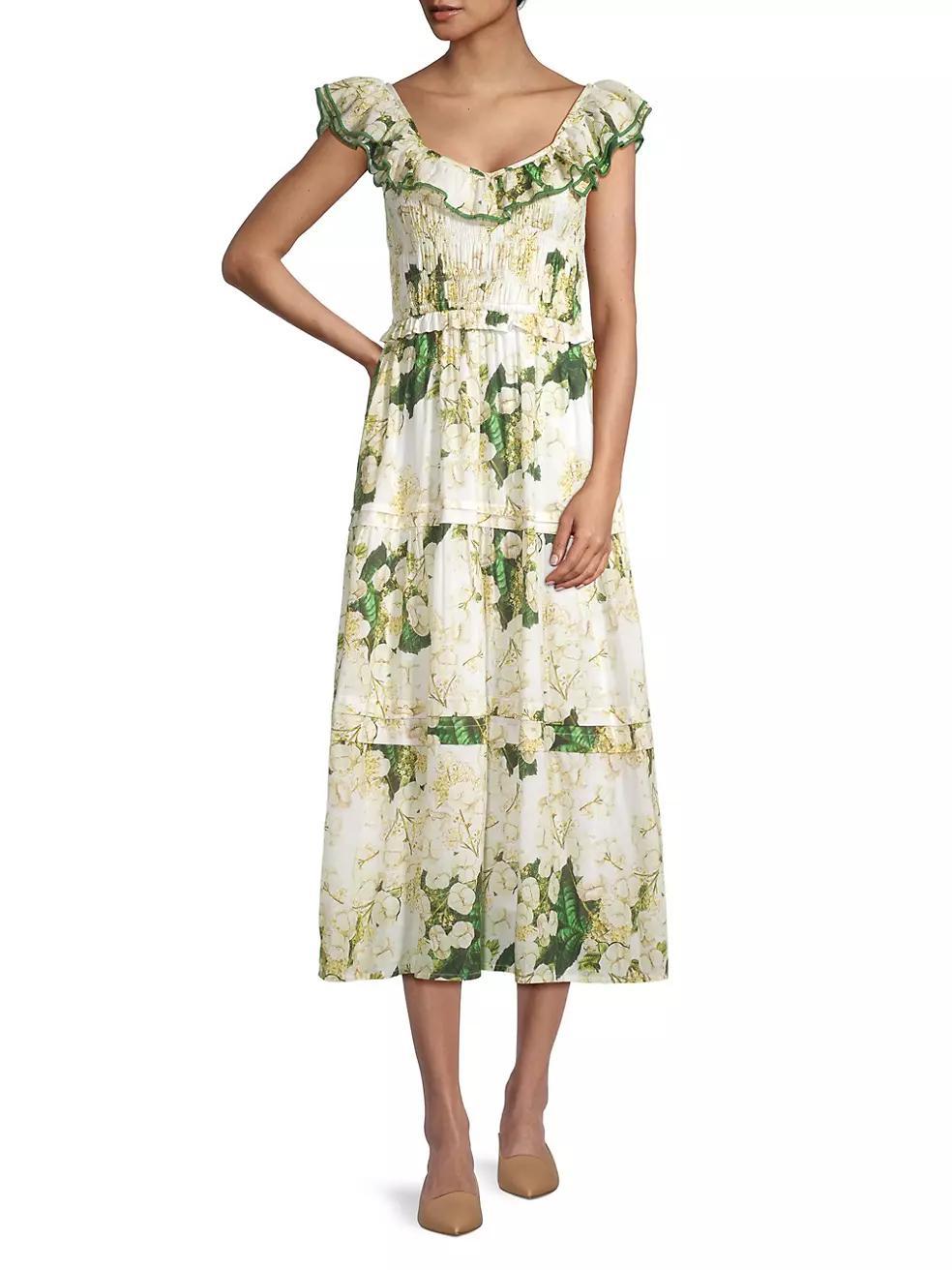 Tuscany Smocked Floral Cotton Midi-Dress Product Image