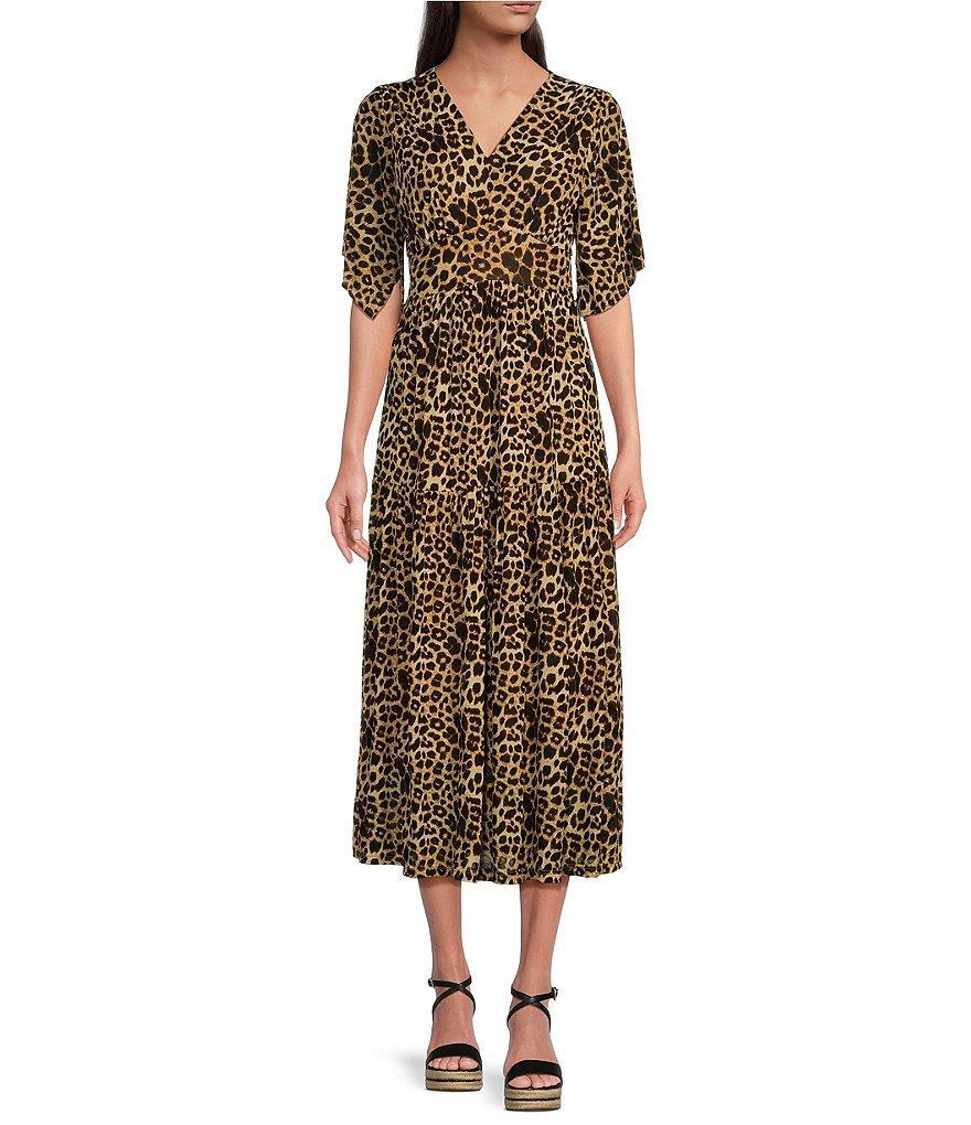 Calessa Stretch Animal Printed Mesh V Neckline Short Sleeve Dress Product Image