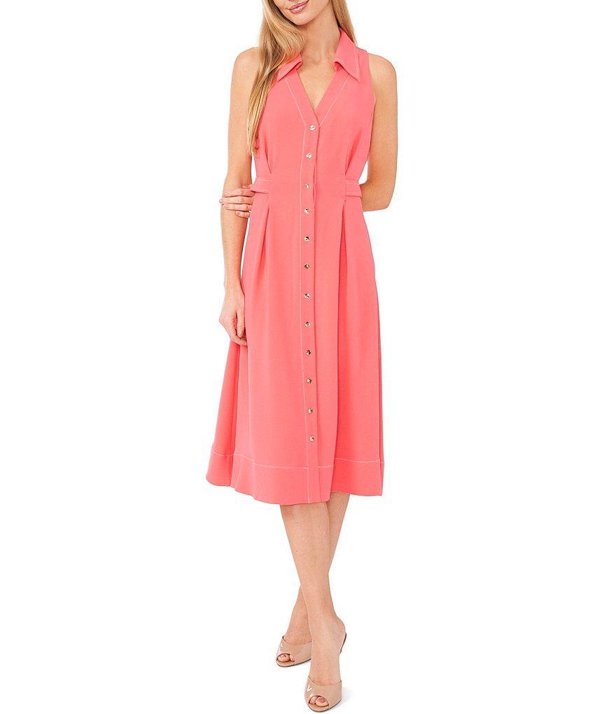 CeCe Point Collar Sleeveless Button Front Crepe Midi Shirt Dress Product Image