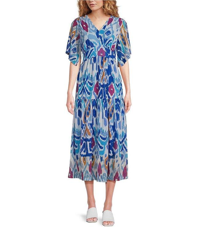 Calessa Printed Mesh V-Neck Short Sleeve Midi Dress Product Image