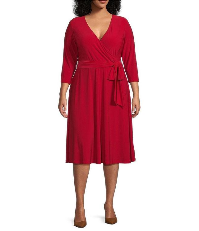 Lauren Ralph Lauren Plus Size V-Neck 3/4 Sleeve Tie Waist Midi Jersey Dress Product Image