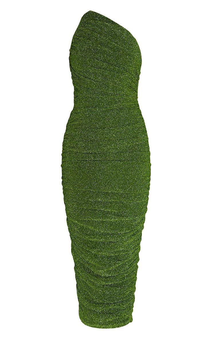 Green Glitter Plisse Ruched One Shoulder Midi Dress Product Image