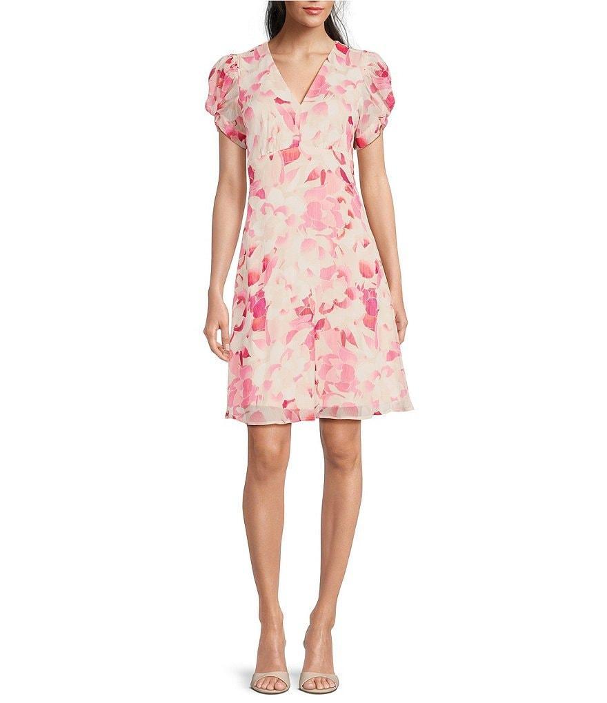 Calvin Klein Short Sleeve V-Neck Floral Chiffon Dress Product Image