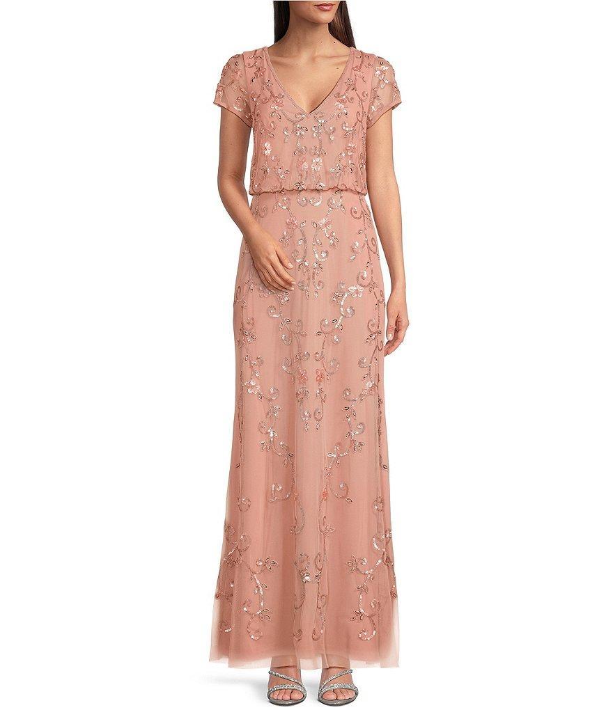 Adrianna Papell Beaded V Neckline Cap Sleeve Blouson Gown Product Image