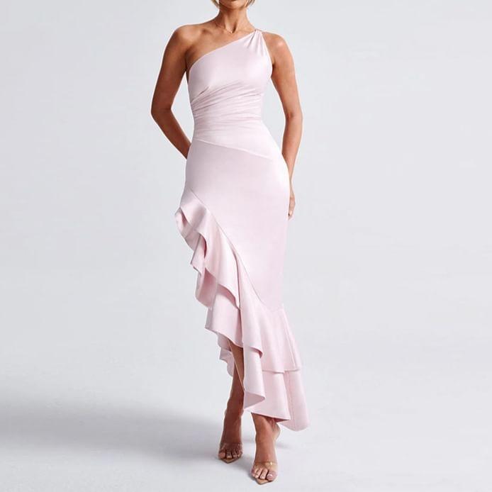 One-Shoulder Plain Ruffle Hem Midi Bodycon Dress Product Image